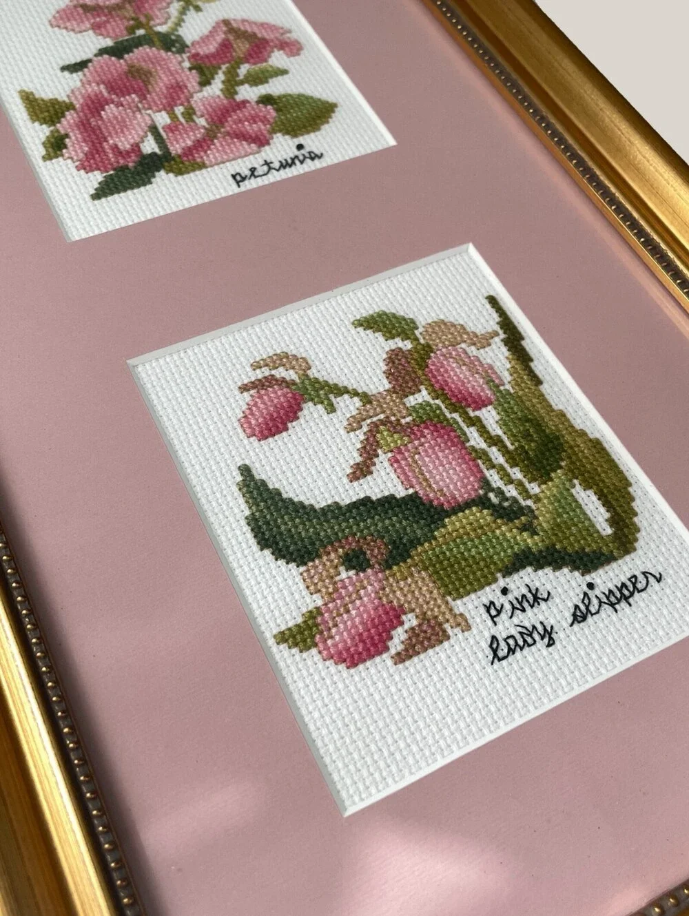 Vintage Gold Framed Floral Cross Stitch Wall Art | Petunia & Pink Lady Slipper